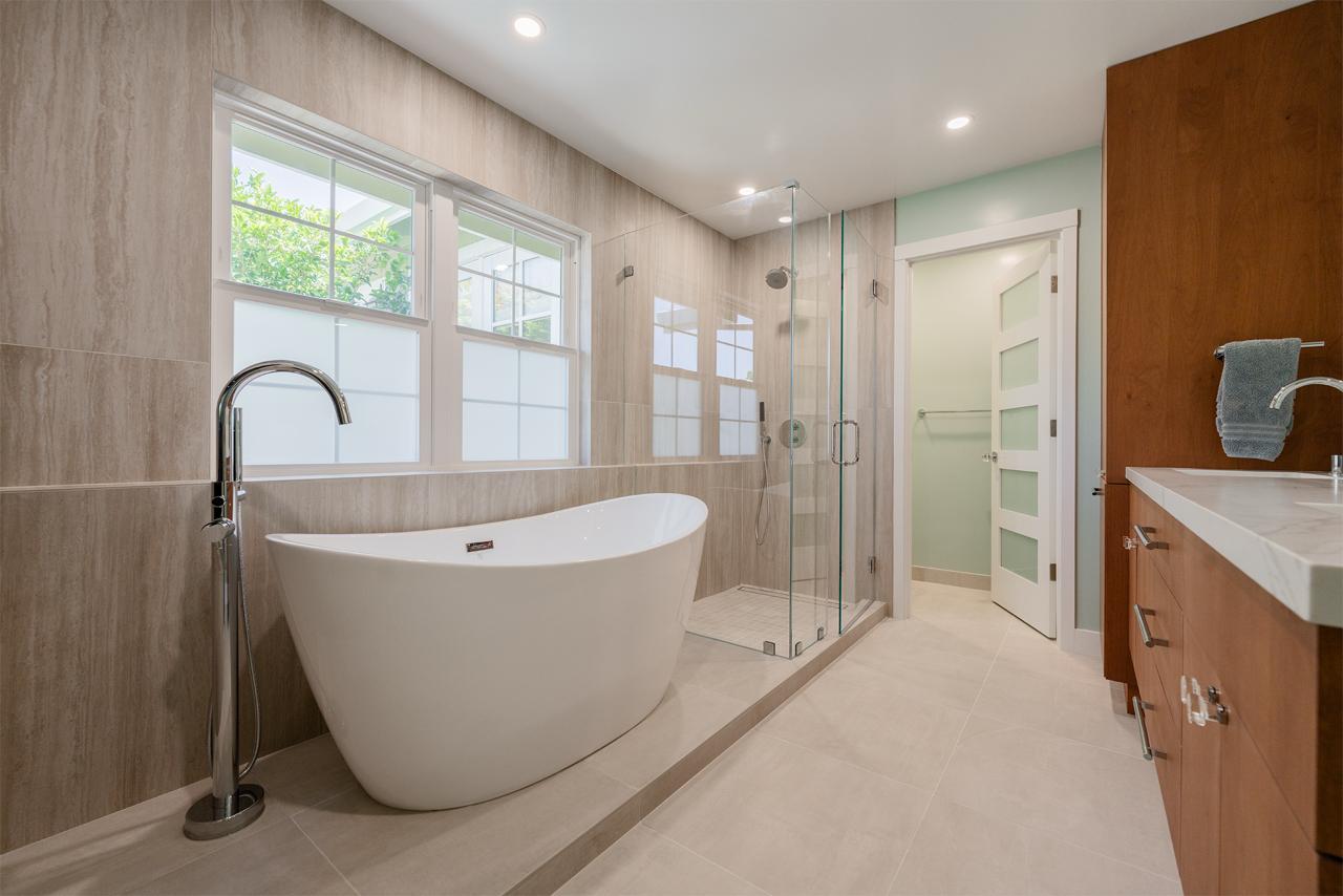 Luxury home remodeling freestanding tub glass shower